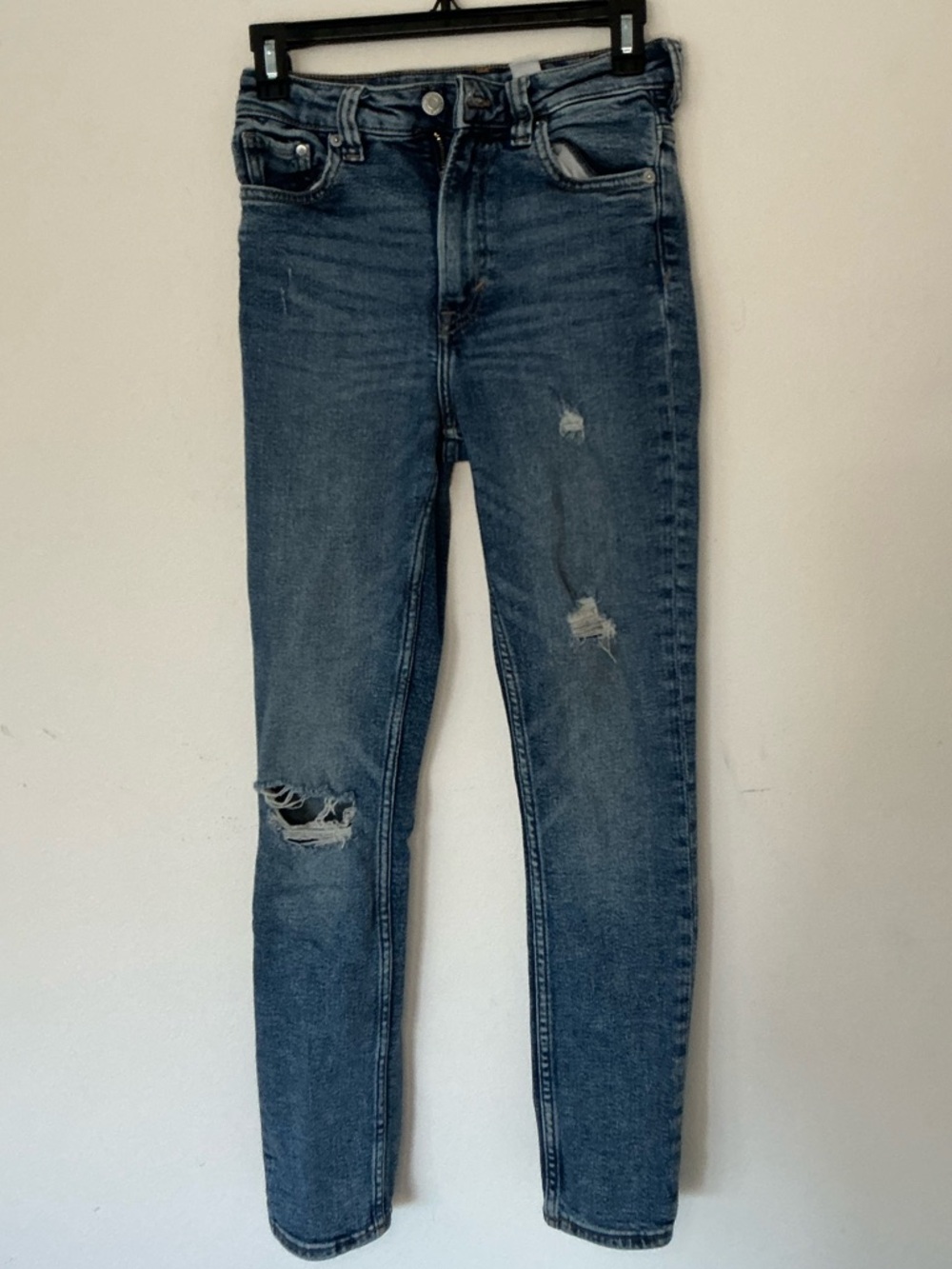 H&M High Waist Skinny Jeans Distressed Blue Denim Size 4 / EU 36